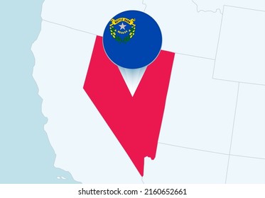 United States with selected Nevada map and Nevada flag icon. Vector map and flag.