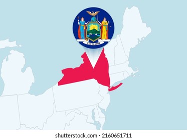 United States with selected New York map and New York flag icon. Vector map and flag.