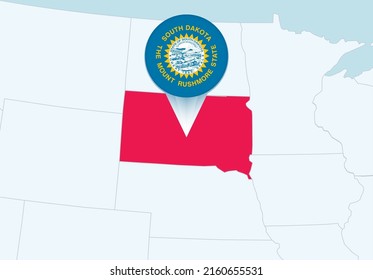United States with selected South Dakota map and South Dakota flag icon. Vector map and flag.