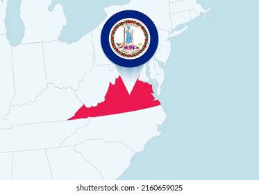 United States with selected Virginia map and Virginia flag icon. Vector map and flag.