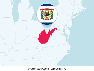 United States with selected West Virginia map and West Virginia flag icon. Vector map and flag.