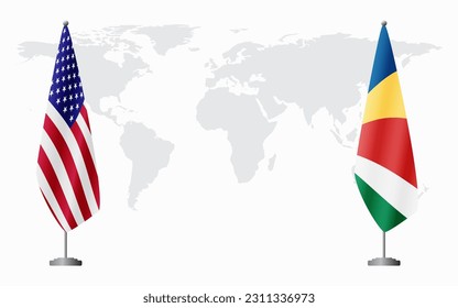 United States and Seychelles flags for official meeting against background of world map.