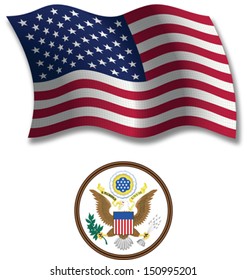 united states shadowed textured wavy flag and coat of arms against white background, vector art illustration, image contains transparency transparency