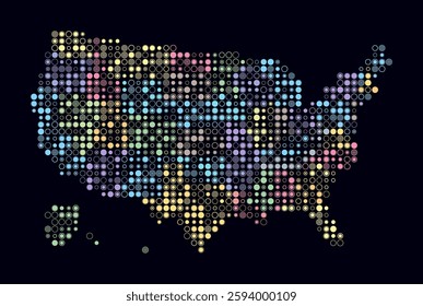 United States, shape of the country built of colored cells. Digital style map of the United States on dark background. Small size circle blocks. Stylish vector illustration.