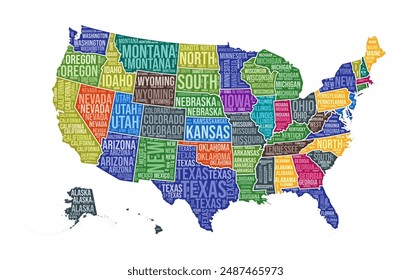 United States shape. Country word cloud with state division. United States colored illustration. State names cloud. Vector illustration.