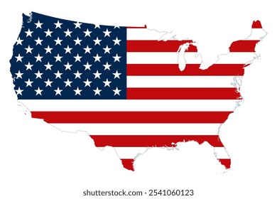 Silhueta dos Estados Unidos com padrão da bandeira nacional. O motivo de Stars and Stripes, também chamado de Old Glory, ou Star-Spangled Banner inserido no contorno dos EUA. Ilustração isolada.