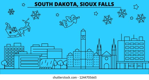 United States, Sioux Falls winter holidays skyline. Merry Christmas, Happy New Year decorated banner with Santa Claus.United States, Sioux Falls linear christmas city vector flat illustration