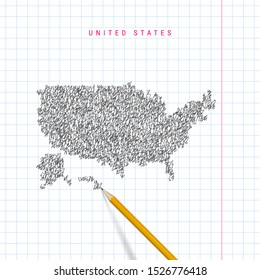 United States sketch scribble map drawn on checkered school notebook paper background. Hand drawn vector map of the USA. Realistic 3D pencil.