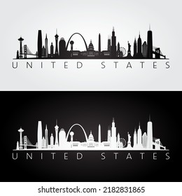 United States skyline and landmarks silhouette, black and white design, vector illustration.