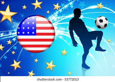 United States Soccer Player with Flag on Light Background Original Illustration