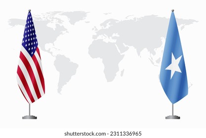 United States and Somalia flags for official meeting against background of world map.