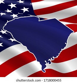 United States, South Carolina. Dark blue silhouette on the background of the USA flag.