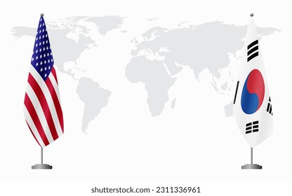 United States and South Korea flags for official meeting against background of world map.