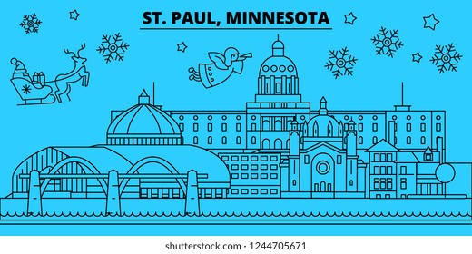 United States, St. Paul winter holidays skyline. Merry Christmas, Happy New Year decorated banner with Santa Claus.United States, St. Paul linear christmas city vector flat illustration