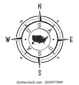 United States Stamp Map Compass Adventure. Illustration Travel Country Symbol. Seal Expedition Wind Rose Icon.