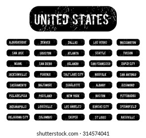 United States stamp set, grunge black with white city name, on white background