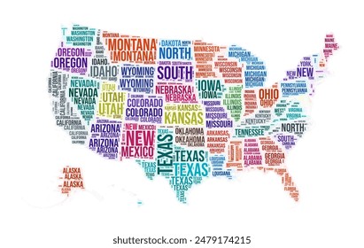 United States state word cloud. Country shape design. United States colored illustration. State names collage cloud. Vector illustration.