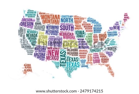 United States state word cloud. Country shape design. United States colored illustration. State names collage cloud. Vector illustration.