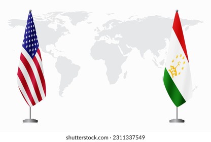 United States and Tajikistan flags for official meeting against background of world map.