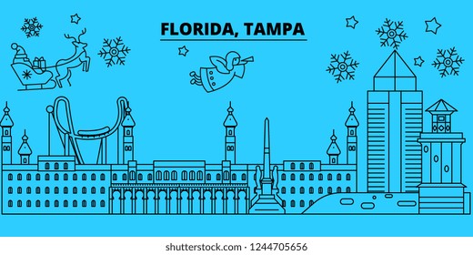 United States, Tampa winter holidays skyline. Merry Christmas, Happy New Year decorated banner with Santa Claus.United States, Tampa linear christmas city vector flat illustration