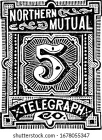 United States Telegraph Stamp (5 cents) from 1888, a small adhesive piece of paper stuck to something to show an amount of money paid, vintage line drawing or engraving illustration.