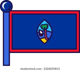 United states territory of guam nation flag vector. Seal in sea, sandy beach and palm tree, blue background with red border on country symbol. Patriotic official badge flat cartoon illustration