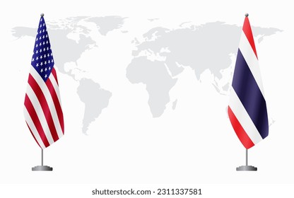 United States and Thailand flags for official meeting against background of world map.