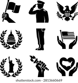 United states theme icons with capitol building statue of liberty and eagle emblem. Hands holding american flag and heart shaped map for veteran day memorial service and national events.