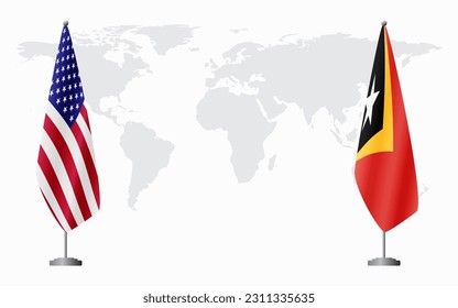 United States and Timor-Leste flags for official meeting against background of world map.