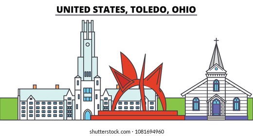 United States, Toledo, Ohio. City skyline, architecture, buildings, streets, silhouette, landscape, panorama, landmarks. Editable strokes. Flat design line vector illustration concept. Isolated icons