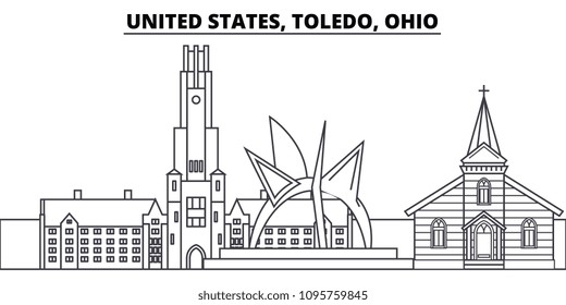 United States, Toledo, Ohio line skyline vector illustration. United States, Toledo, Ohio linear cityscape with famous landmarks, city sights, vector landscape. 
