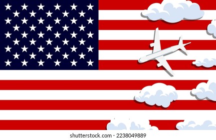 United States travel concept. Airplane with clouds on the background of the flag of United States. Vector illustration