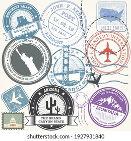 United states travel stamps set - USA journey landmarks, vector