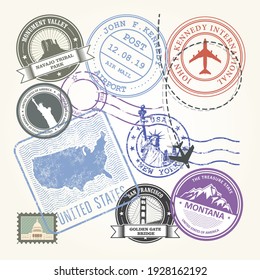 United States travel stamps set, USA journey symbols on stickers and labels, vector