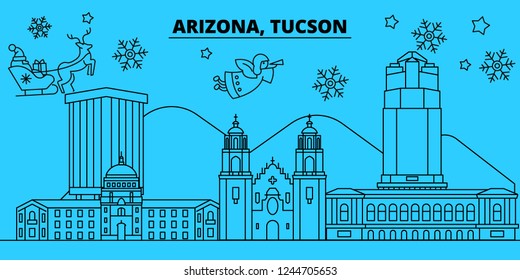 United States, Tucson winter holidays skyline. Merry Christmas, Happy New Year decorated banner with Santa Claus.United States, Tucson linear christmas city vector flat illustration