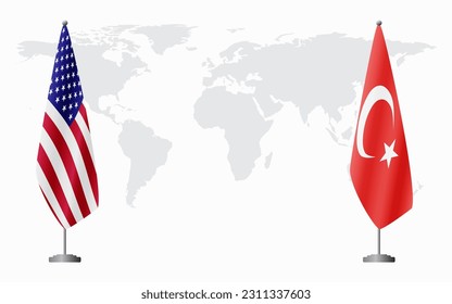 United States and Turkey flags for official meeting against background of world map.