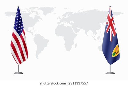 United States and Turks and Caicos flags for official meeting against background of world map.
