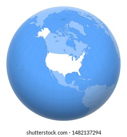 United States (US) on the globe. Earth centered at the location of The United States of America (USA). Map of America. Includes layer with capital cities.