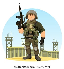 United States Or US Soldier In Ammunition At Camp Or Base. Military Man Or Male With Gun Or Rifle, Helmet And Ammo. Cartoon Officer Or Infantry In Camouflage, Marine Sergeant. Iraq War Theme.