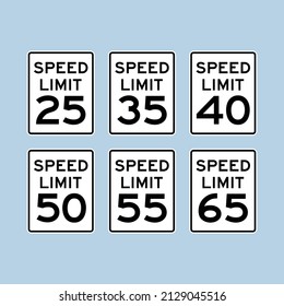 United States US speed limit road sign, in a variety of speeds. Editable and Scalable EPS 10 Vector illustration isolated.