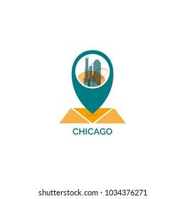 United States USA Chicago map pin point geolocation modern skyline pointer shape vector logo icon illustration