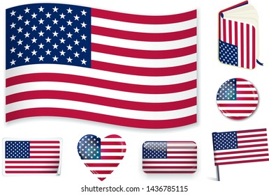 United States. USA flag wave, book, circle, pin, button, heart and sticker. USA national flag. Vector illustration. 