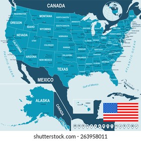 United States (USA) - map, flag and navigation labels - illustration
Image contains next layers:
- land contours
- country and land names
- city names
- water object names
- flag
- navigation icons