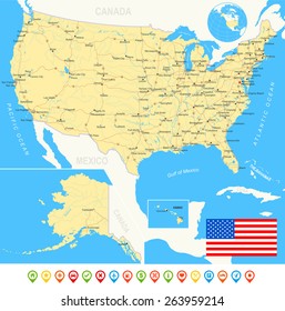 United States (USA) - map, flag, navigation icons, roads, rivers - illustration

- land contours
- country and land names
- city names
- water object names
- flag
- navigation icons
- roads
- rivers