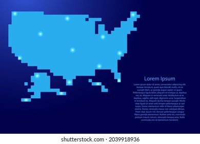 United States, USA map silhouette from blue square pixels and glowing stars. Vector illustration.