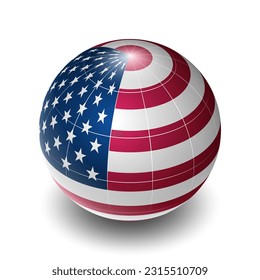 The United States (USA) (US) (American) National Flag 2.5D Isometric View, Metallic Sphere Ball Globe Design, Flag Symbol Isolated on White Background