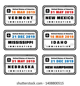 United States vector stamps set: Vermont, New Mexico, Mississippi, Idaho, Nebraska and New Hampshire.