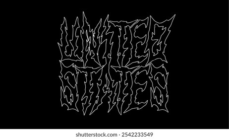 United States vector typography design in jagged, thorn like letters, creating a chaotic, metal inspired look. The intense, white on black style evokes a dark, rebellious vibe.