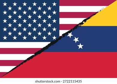Banderas de Estados Unidos y Venezuela divididas por el Vector de conflicto político de crack diagonal