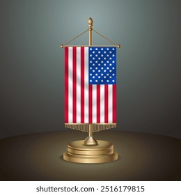 Bandera de la tabla de la Vertical de los Estados Unidos con el poste de oro en el fondo oscuro del gradiente, Ilustración vectorial del Anuncio de la Plantilla